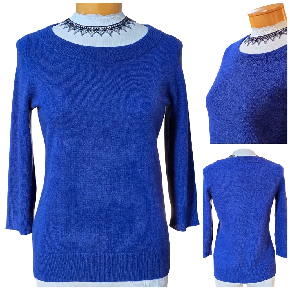 TESORI Women 100% Cashmere Sweater Sz S Blue Pullover Old Money Preppy Office